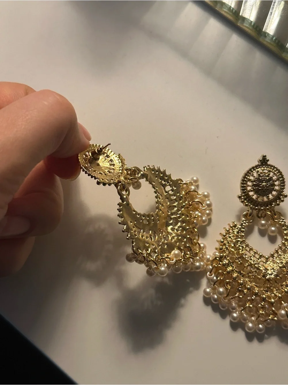 Gold Chandbali Earrings with Pearl Fringe - Picture 4 of 5